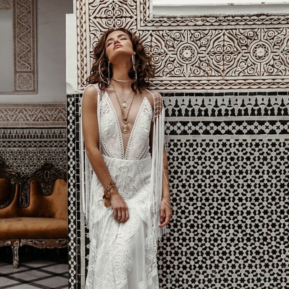 Rue De Seine White Bohemian Lace Fringe Wedding Dress